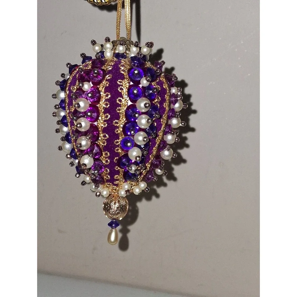 Vintage Handmade Beaded Finial Christmas Ornament Purple Gold Faux Pearl Jeweled